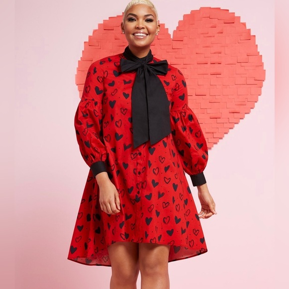 New York & Company Bow-Tie Neck, Hi-Lo Hearts Dress XXL Black/Red - Picture 1 of 13